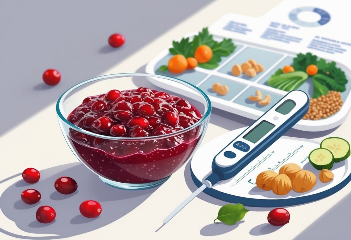 A bowl of cranberry sauce next to a diabetic-friendly food plate and a glucose monitor on a light background.