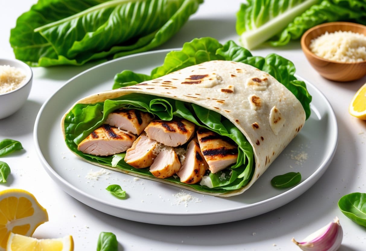 A chicken Caesar wrap cut in half on a plate with fresh ingredients like lettuce, lemon, garlic, and dressing around it on a kitchen countertop.