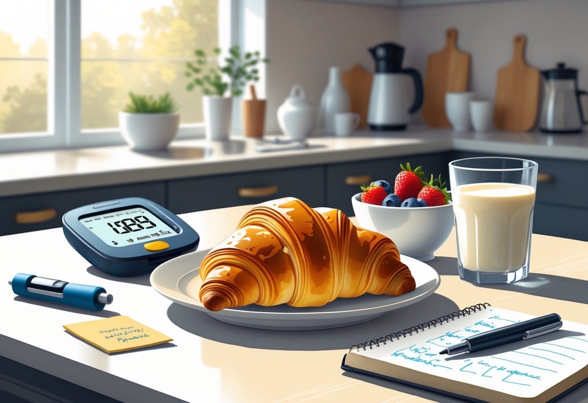 A breakfast table with a croissant on a plate, fresh berries, a glass of almond milk, a glucometer, and a notebook in a softly lit kitchen.