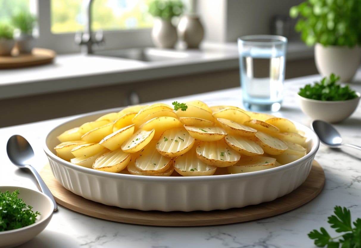A serving dish of scalloped potatoes on a kitchen countertop with herbs and a glass of water nearby.