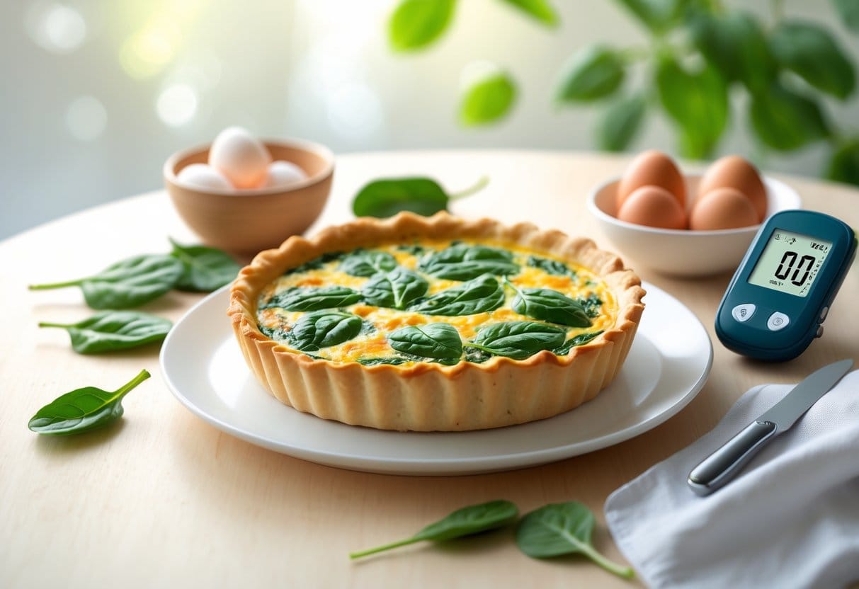 A spinach quiche on a plate with fresh spinach leaves, eggs, cheese, and a glucose monitor nearby.