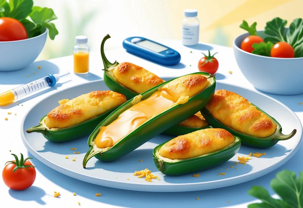 A plate of jalapeño poppers with cheese filling surrounded by a glucose meter, insulin vial, and fresh vegetables on a bright background.