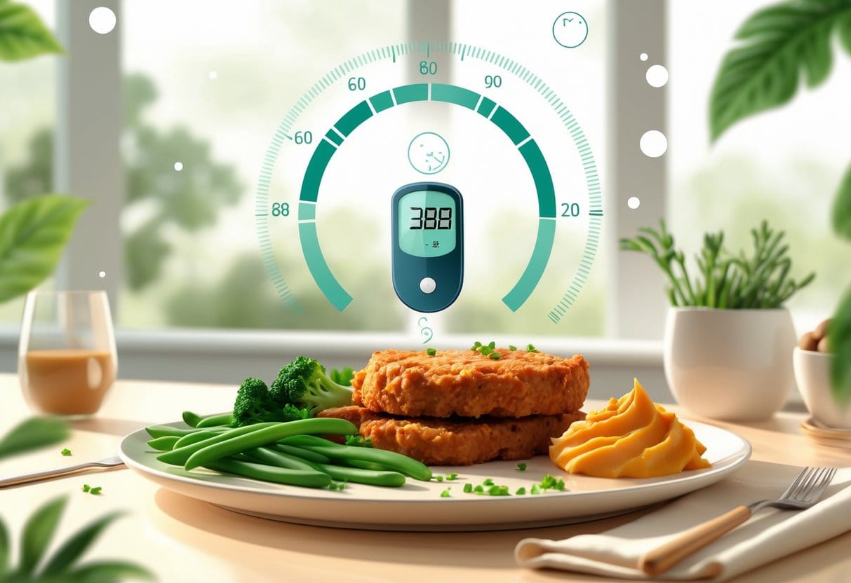 A plate with chicken fried steak, steamed green vegetables, and mashed sweet potatoes on a dining table with a glucose meter nearby.
